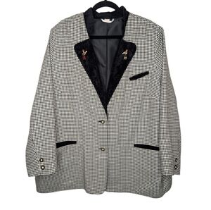 Vintage Black & White Houndstooth Blazer Jacket 2XL/3XL Women's Embroidered
